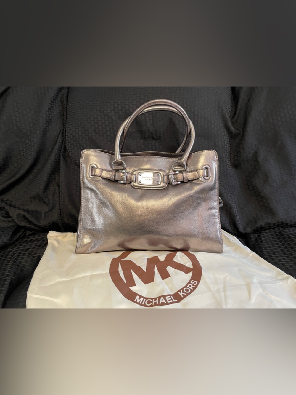 Michael Kors Metallic Pewter Leather Satchel /good condition